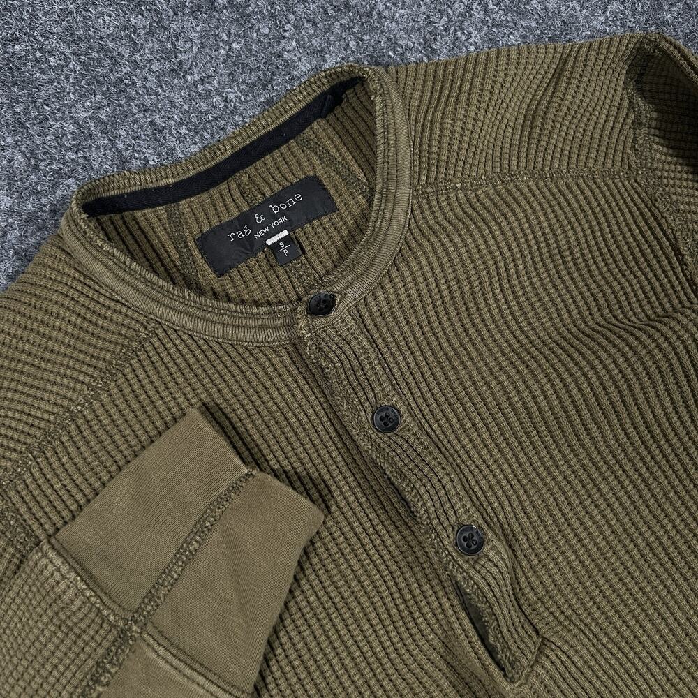 Rag & Bone Shirt Mens Small Green Henley Long Sleeve Waffle Knit Chunky Heavy
